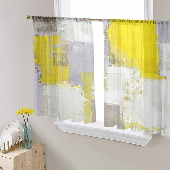 Yellow Sheer Curtains 45 Inch Length 2 Panels Set for Living Room/Bedroom, Modern Geometric Grey Oil Painting Abstract Semi Curtain Sheers Drapes Rod Pocket Curtains Window Treatment Set 52''x45''x2