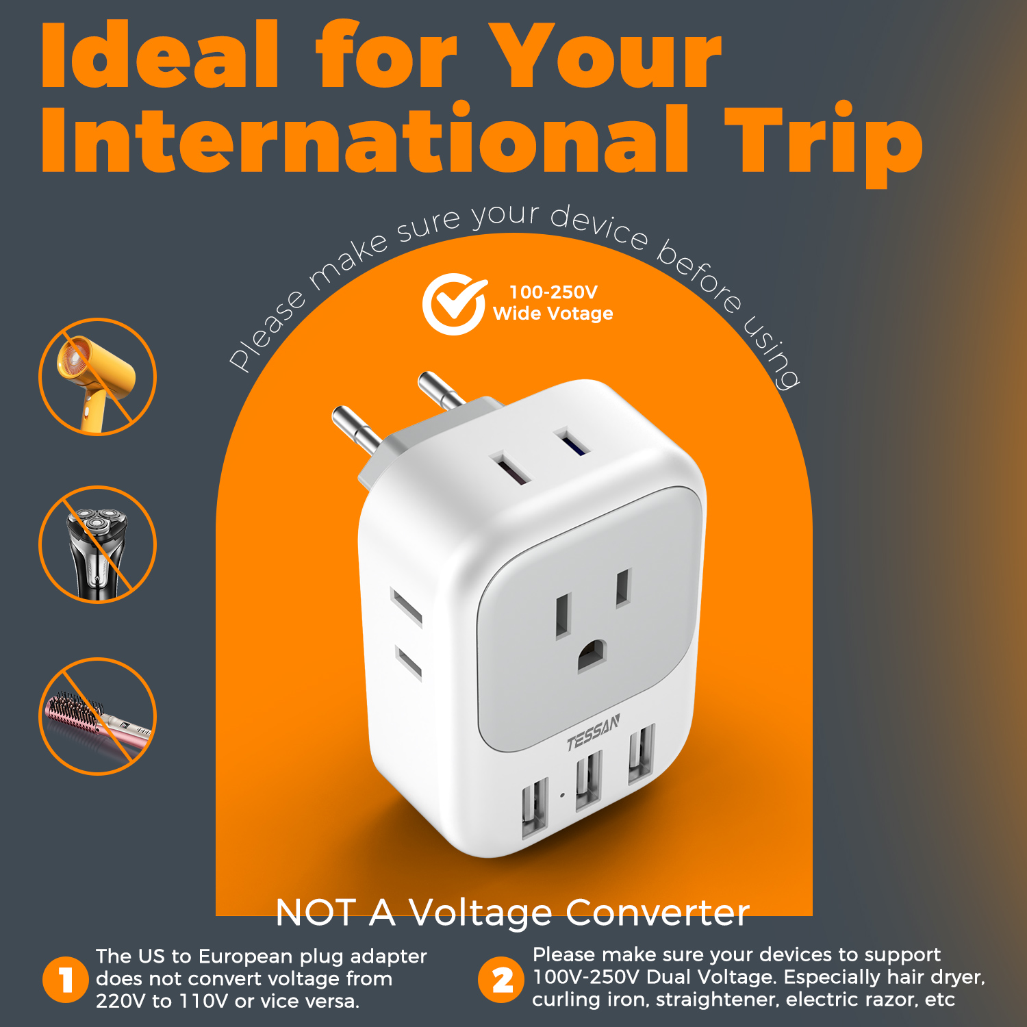 European Travel Plug Adapter 4 AC Outlets with 3 USB,EU Power Plug Adaptor for US to Most of Europe Italy, Spain, Switzerland, France, Greece, Iceland, Germany