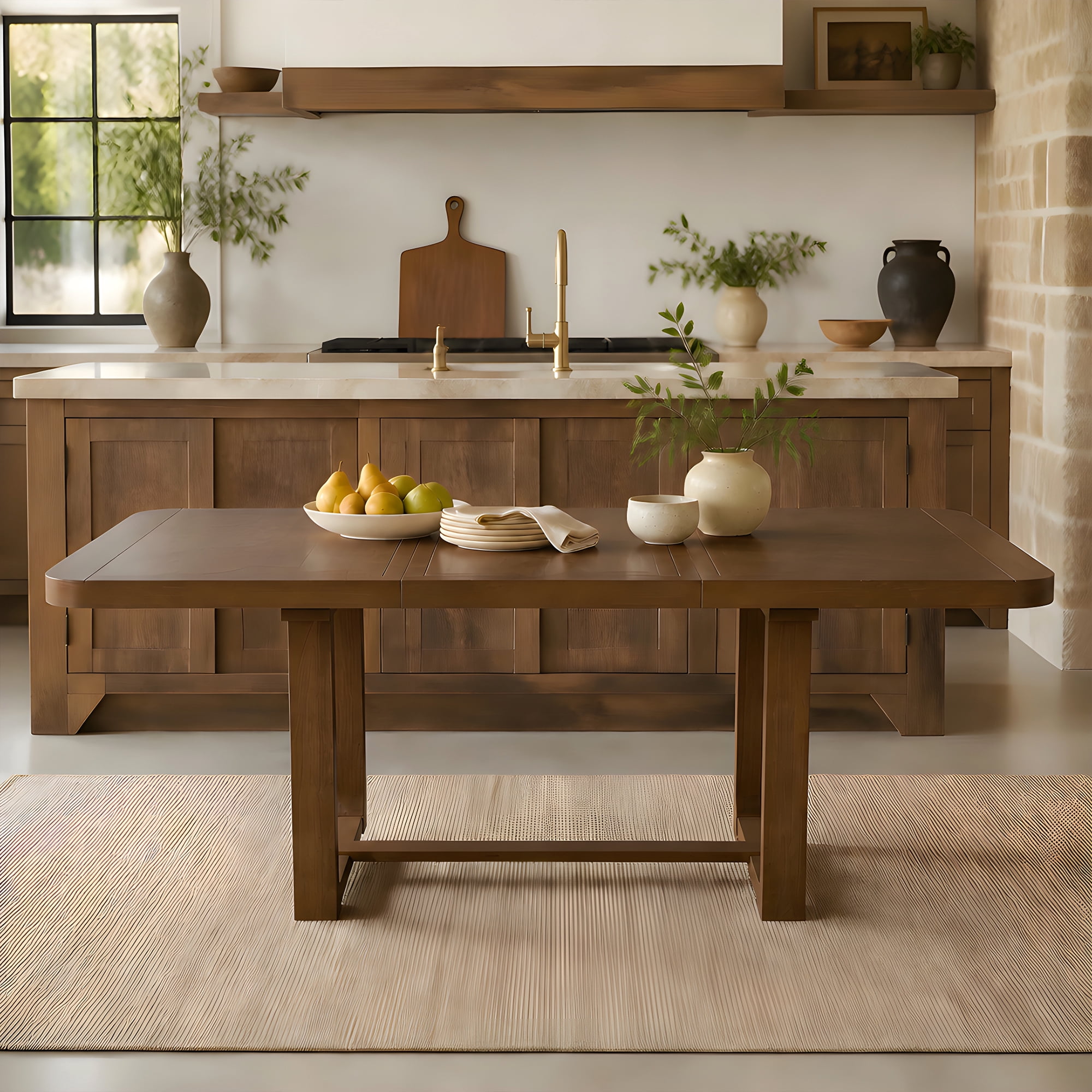 Mintazer 6-Piece Extendable Dining Table Set with 4 Upholstered Chairs & Bench, Rectangular Expandable Kitchen Table with Anti-Scratch Foot Pads, Walnut Brown