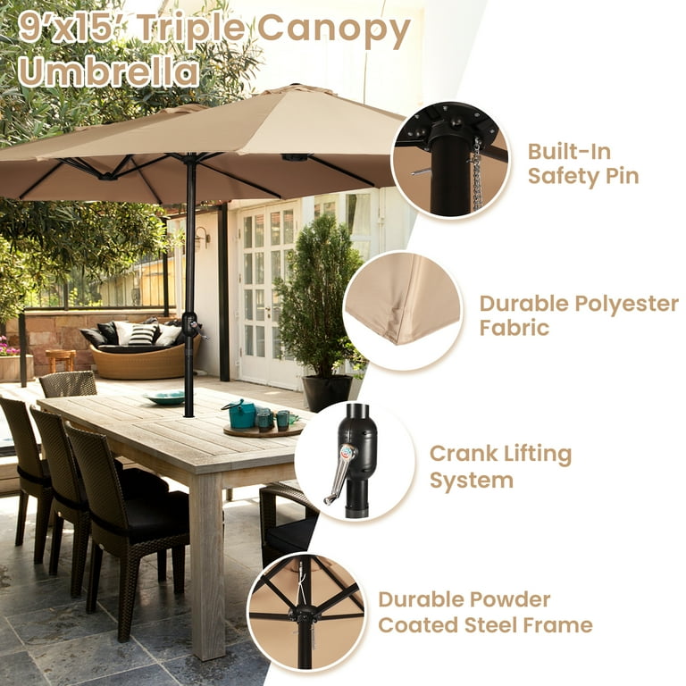 Sun-Ray 9'x15' Steel Triple Canopy Umbrella, Taupe Outdoor Patio