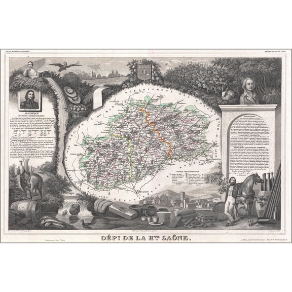 24"x36" Gallery Poster, 1852 Levasseur Map of the Department De La Haute Saone, France (Burgundy or Bourgogne Wine Region)