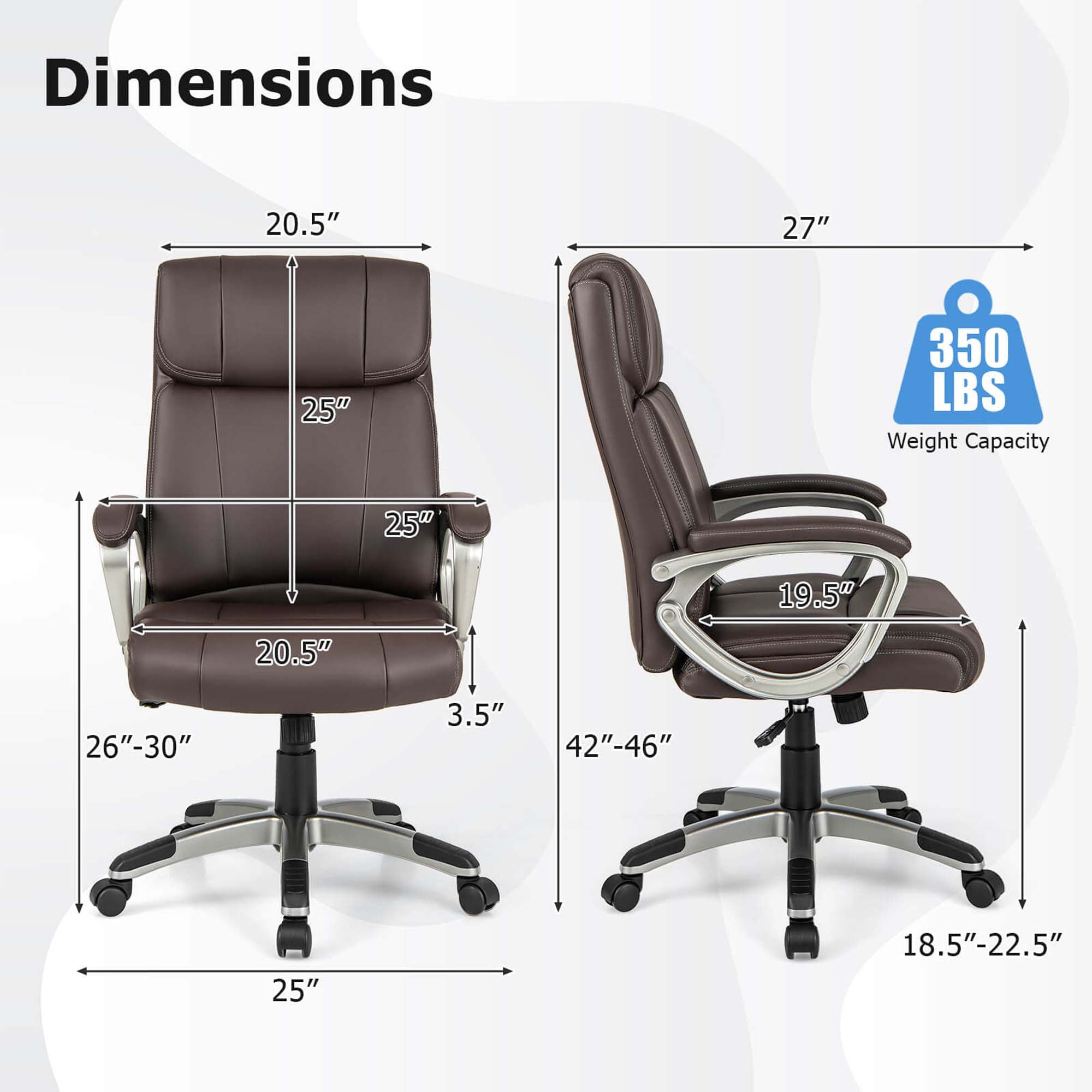 Costway Ergonomic Office Chair PU Leather Executive Swivel with Upholstered Armrests Brown
