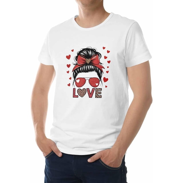 T-Shirts for Men, Girl Bow Love Heart Crew Neck Cotton T-Shirt Men's Short Sleeve Valentine's Day Red Hearts