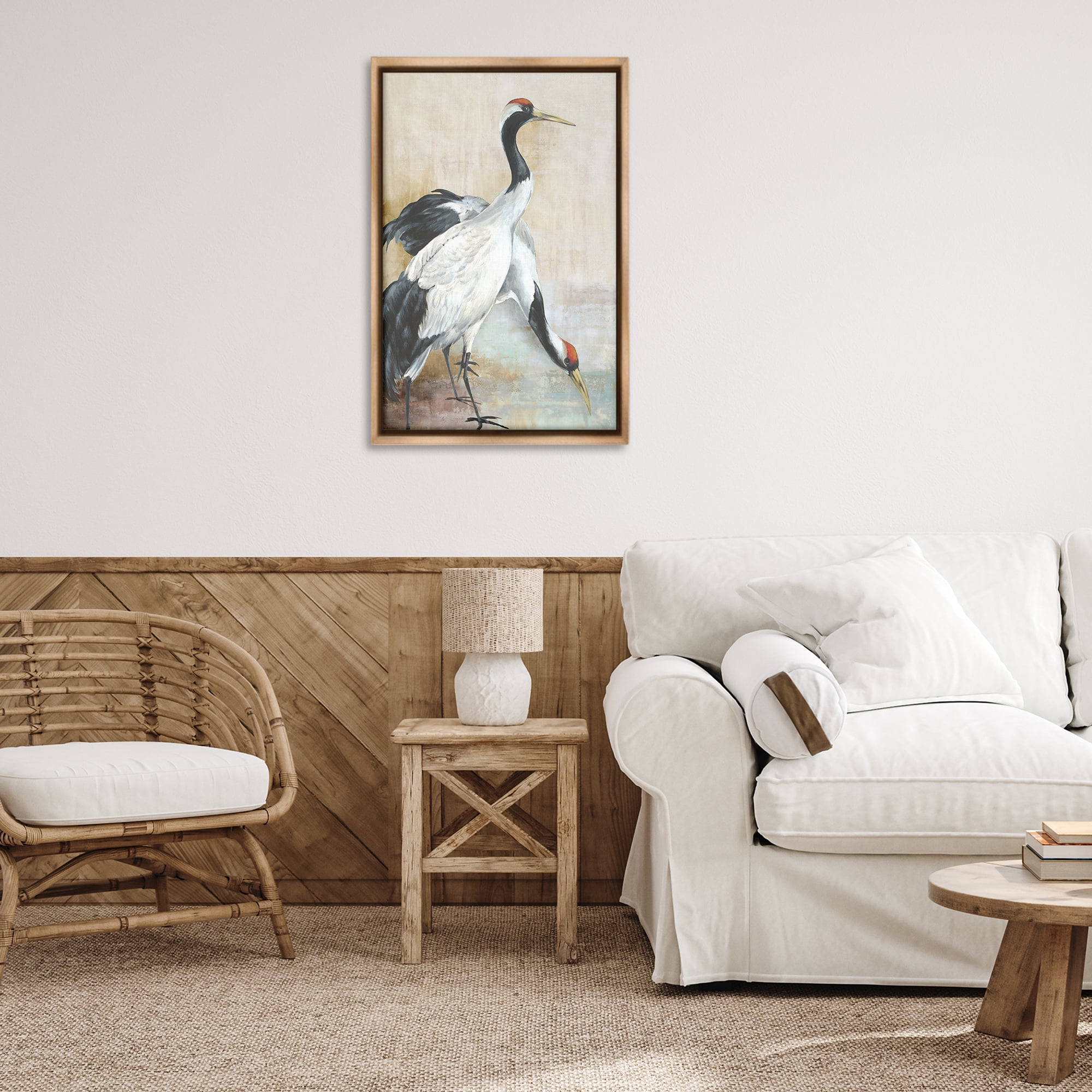 Stupell Industries Crane Duo at Riverside Animals Painting Brown Floater Framed Canvas Art Print Wall Art, 21 x 31
