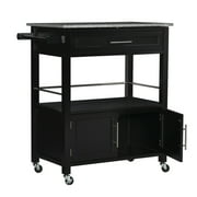 Linon Cameron Wood Granite Top Rolling Kitchen Cart Ample Storage in Black