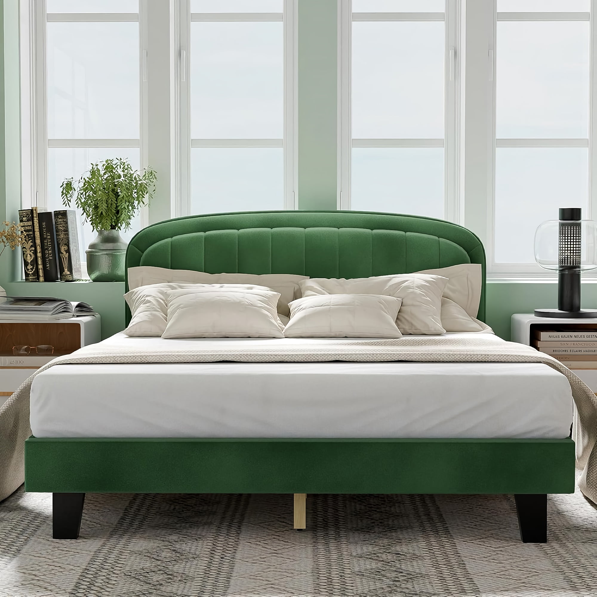 Queen Size Bed Frame, Upholstered Velvet Platform Bed with