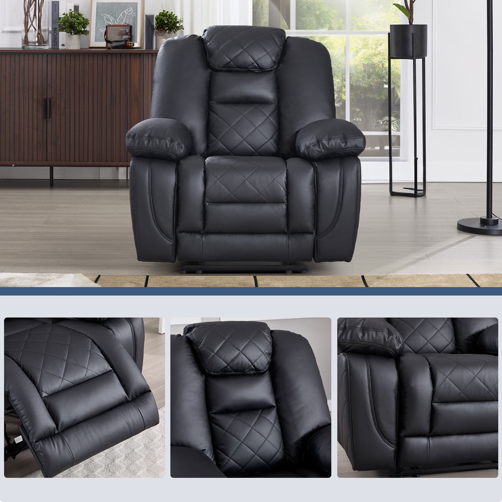 Bonzy Home Manual Recliner Chair, Modern Single‑Seat Reclining Sofa with Padded Armrests and Adjustable Backrest for Living Room & Bedroom, Black