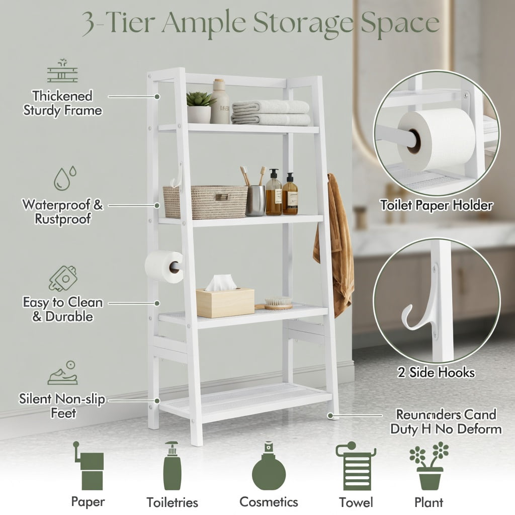 Hommoo 3-Tier Over-the-Toilet Storage Shelf, Metal Bathroom Organizer with Anti-Tip Design & Ventilated Mesh Bottom, White