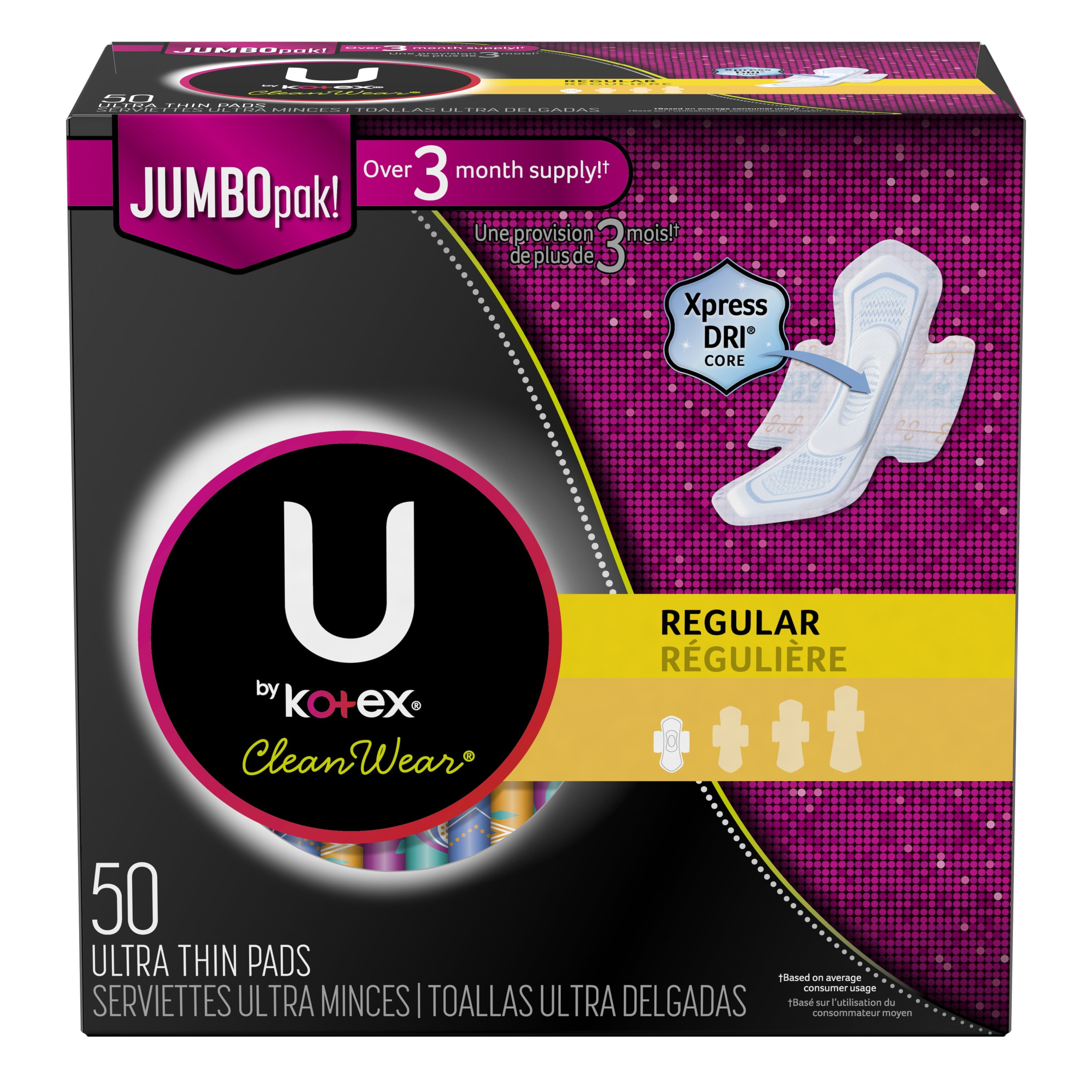 U by Kotex CleanWear Ultra Thin Pads with Wings, Regular, Unscented, 50