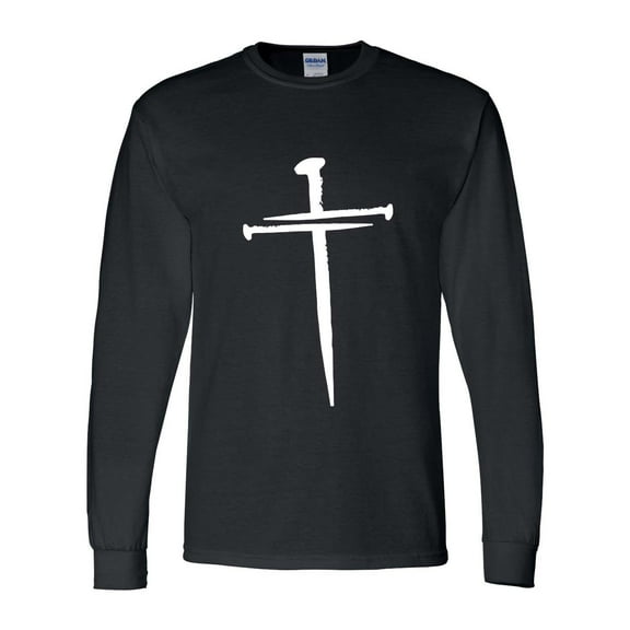 Mens Christian Tshirt Nail Cross Christian Long Sleeve T-shirt Graphic Tee-Black-small
