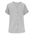 thumbnail image 7 of VEKDONE Womens Cotton Linen Stripe Shirts Short Sleeve Button Down V-Neck Blouse Casual Loose Fit Breathable Tunic Tops Summer Beach Vacation Shirt Gray XXL, 7 of 7
