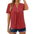 thumbnail image 4 of Hfnxid Shirt for Womens Henley Short Sleeve Tops Lightweight Solid Color Office Tshirts Casual Pleated Dressy Office Work Blouse Red L, 4 of 10