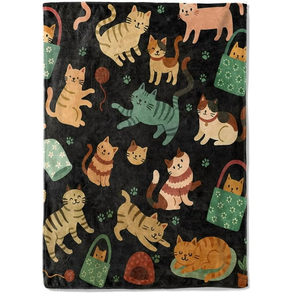 Cute Cat Flannel Blanket,50x60in,Playful Kitten Throw Yarn Totes Paw Prints on Black Blankets,Soft Cozy Lightweight, Ideal for Bed Living Room Home Decor,Pet Owners Kids Gifts
