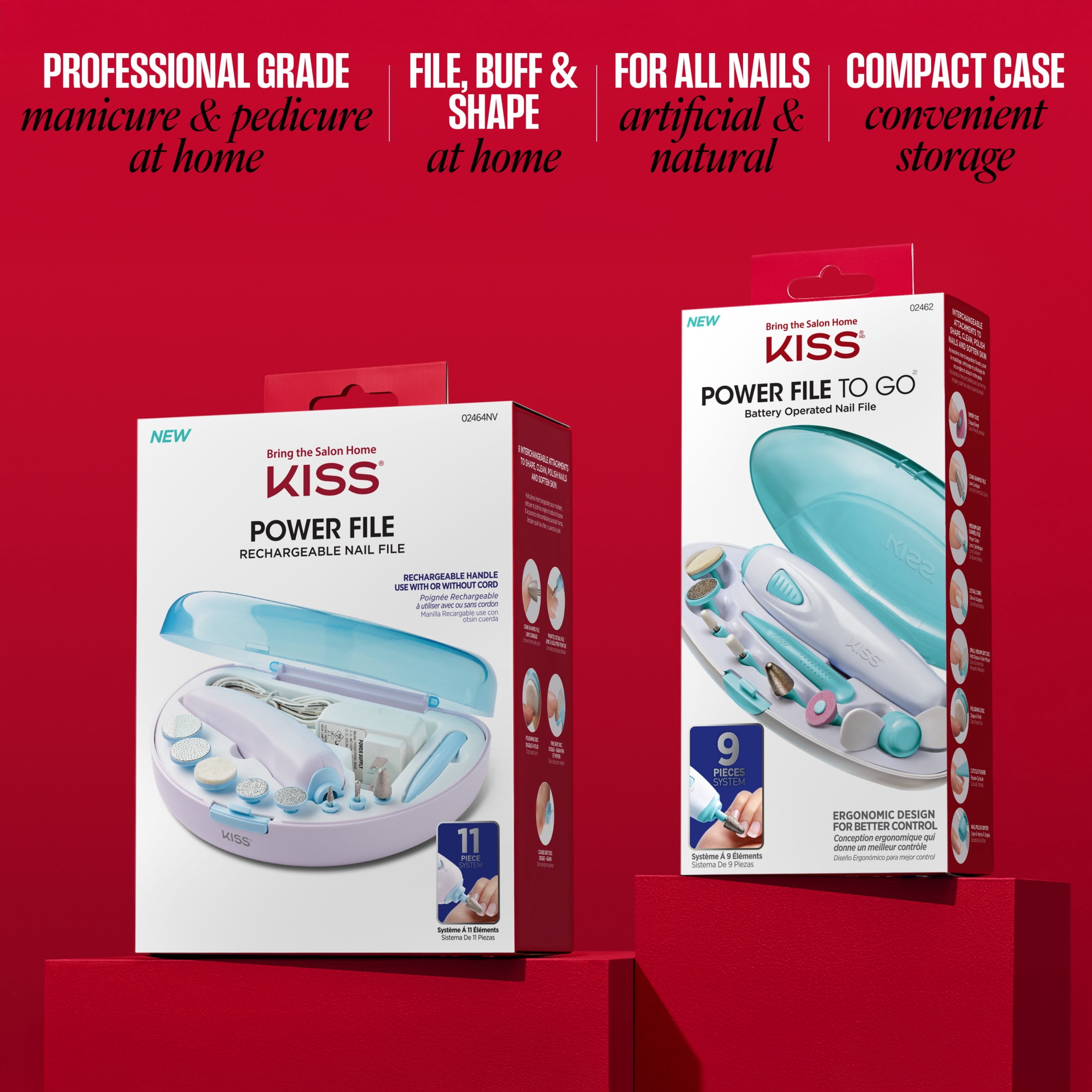 KISS Power File Rechargeable Nail File Kit & Storage Case, 8 Attachments, 11 Count