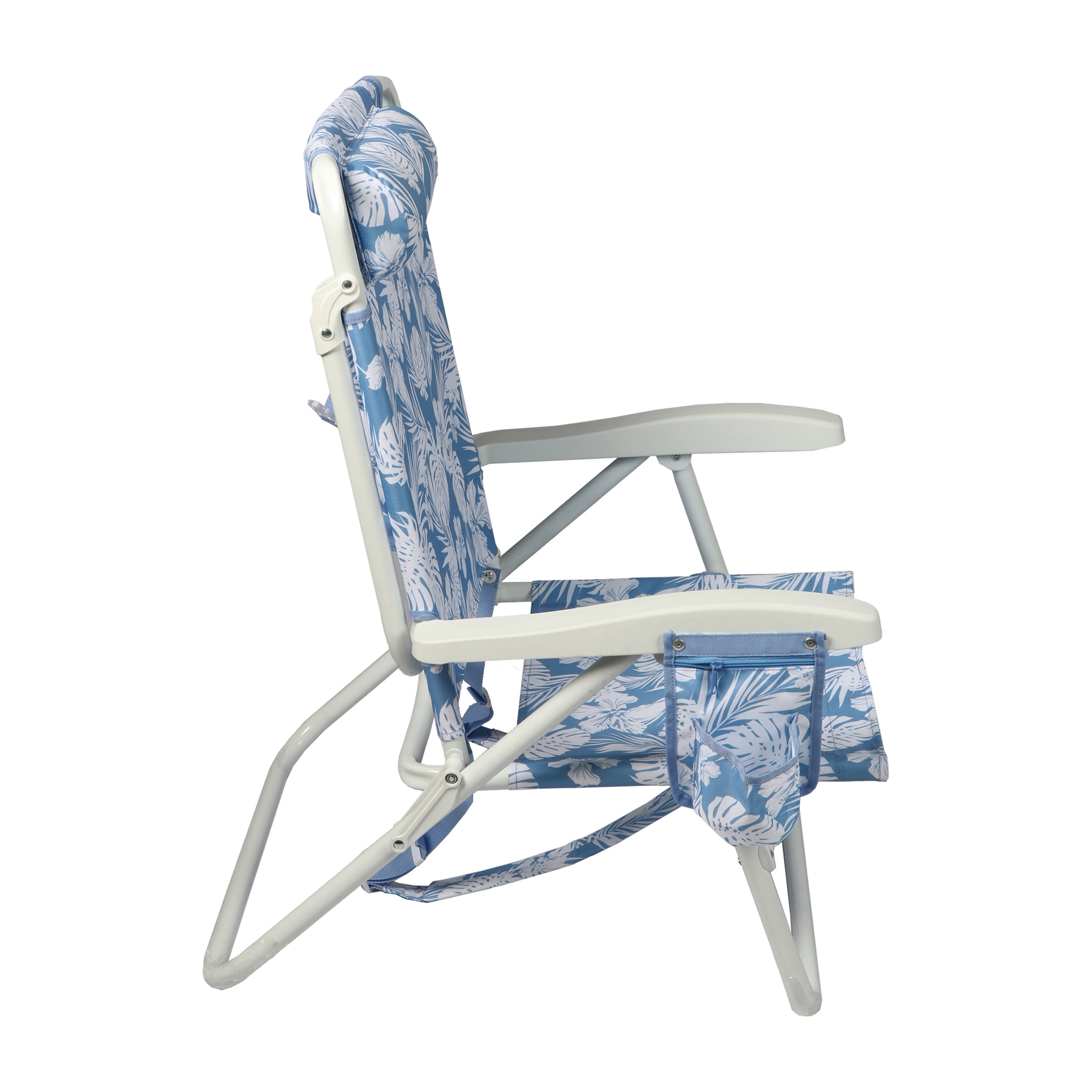 Mainstays Oversized Reclining Beach Chair with Backpack Straps, Blue Palm Print