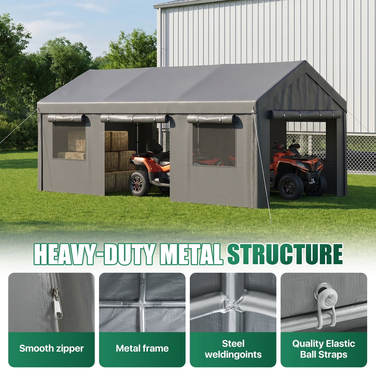BaPiPro 12x20FT Heavy Duty Carport, Portable Garage Car Canopy with Removable Sidewalls & Roll-Up Doors, Car Shelter for Cars,Trucks and Tools Storage, Gray