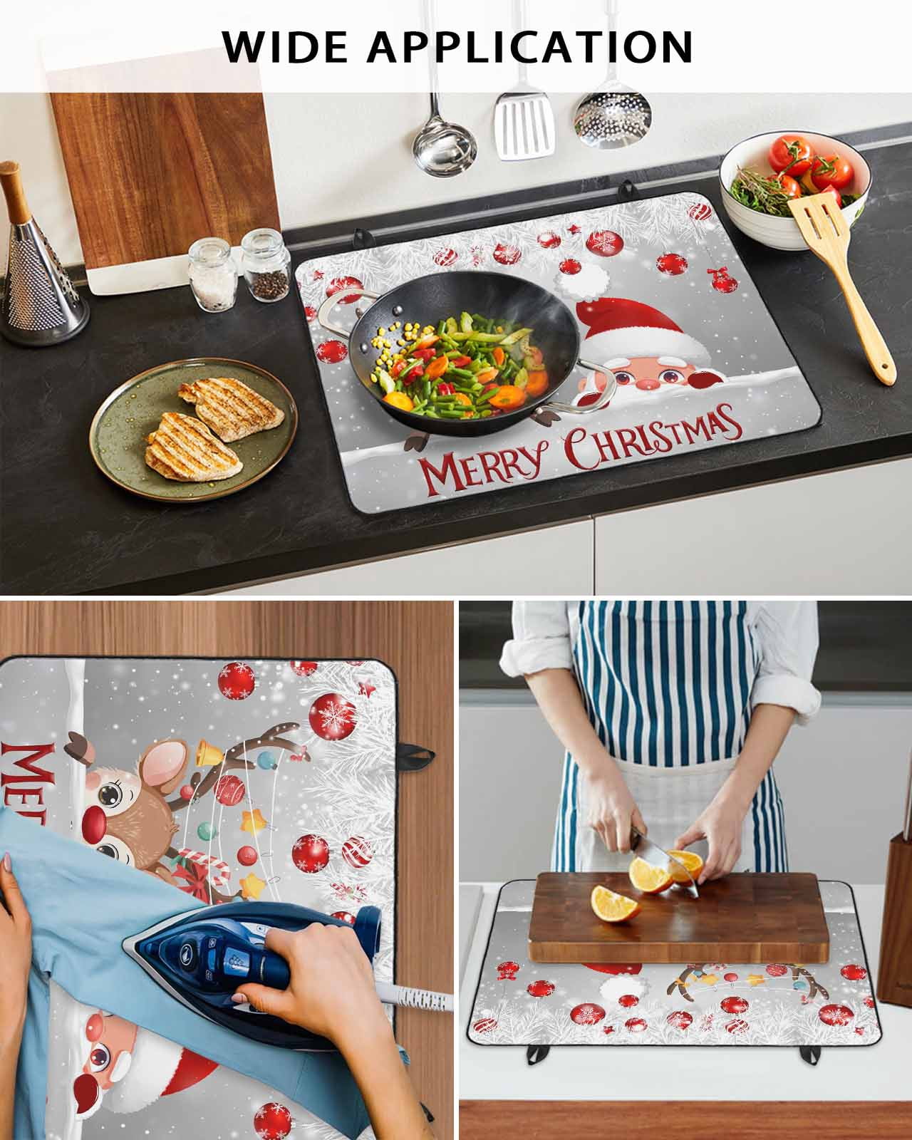 Large Induction Cooktop Protector Mat Christmas Stove Top Covers for Electric Stove, Cute Santa Claus Reindeer Red Xmas Balls Snowy Grey Decorative Stove Burner Cover Mats, Glass Top Stove Cover
