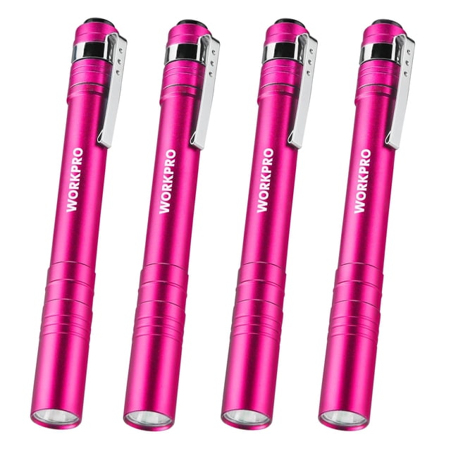 Linterna LED WORKPRO de aluminio con clip rosa, 2 pilas AAA, paquete de 4