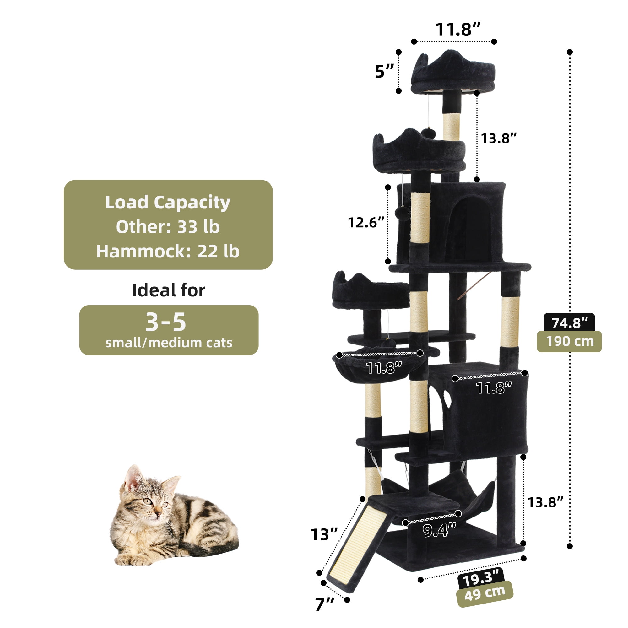 Uforic 75" Cat Tree for Large Cats Multi Level Play Tower Condo with Scratching Posts, Top Perches, Hammocks, Black