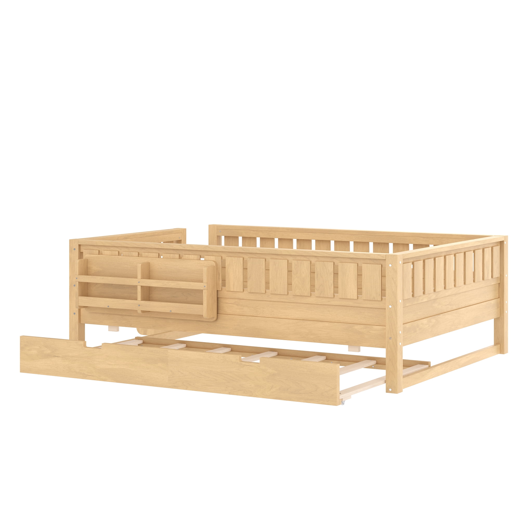 Full Bed with Bookshelf and Trundle 79.1 Inch, Solid Wood Frame with Staircase and Safety Rails, Space-Saving Kids Bed with Storage, Light Natural