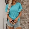 thumbnail image 3 of ASDFVBKG Eyelet Crewneck Shirt for Women Comfy Short Sleeve Shirts Dressy Solid Color Vacation Loose Fit Clothing Turquoise L, 3 of 4
