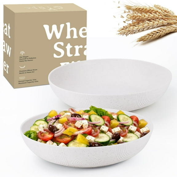 Large Salad Bowls Set of 2, 10 Inch 65oz Wheat Straw Serving Bowls, Microwave & Dishwasher Safe, Wide Shallow Plastic Bowls for Kitchen, White