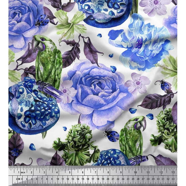 Soimoi Poly Georgette Fabric Parrot,Pomegranate & Rose Flower Printed Fabric 1 Yard 42 Inch Wide