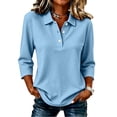thumbnail image 3 of Dweltoz Women’s Waffle Knit Polo Shirt 3/4 Sleeve Collared V Neck with Half Button Placket Relaxed Fit Top,Light Blue M, 3 of 5