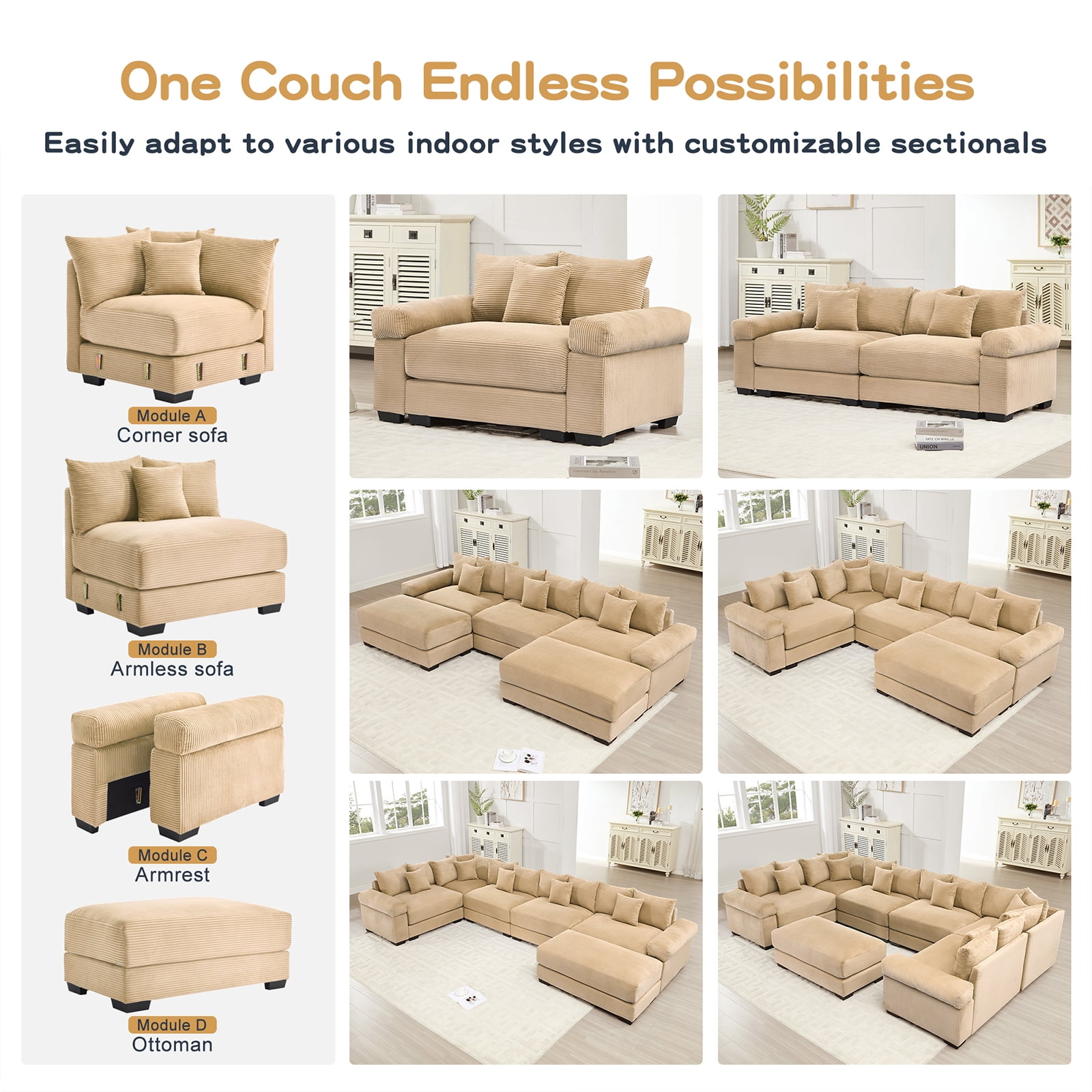 117" Modern Corduroy Sectional Couches for Living Room, Comfortable Corner Couch Sofa, Camel 3 Seater Corner Couch for Flexible Layout, Muebles para la Sala, Oversized Sofa Set