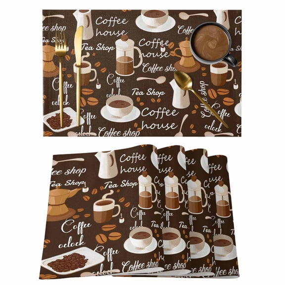 Coffee Placemats Set of 6 Brown Retro Coffee Theme Beans Latte Tea Cup Place Mats Indoor Wipeable Table Mats Washable Cloth Dining Table Placemats for Kitchen Holiday Party Home Decor 13x19 Inch