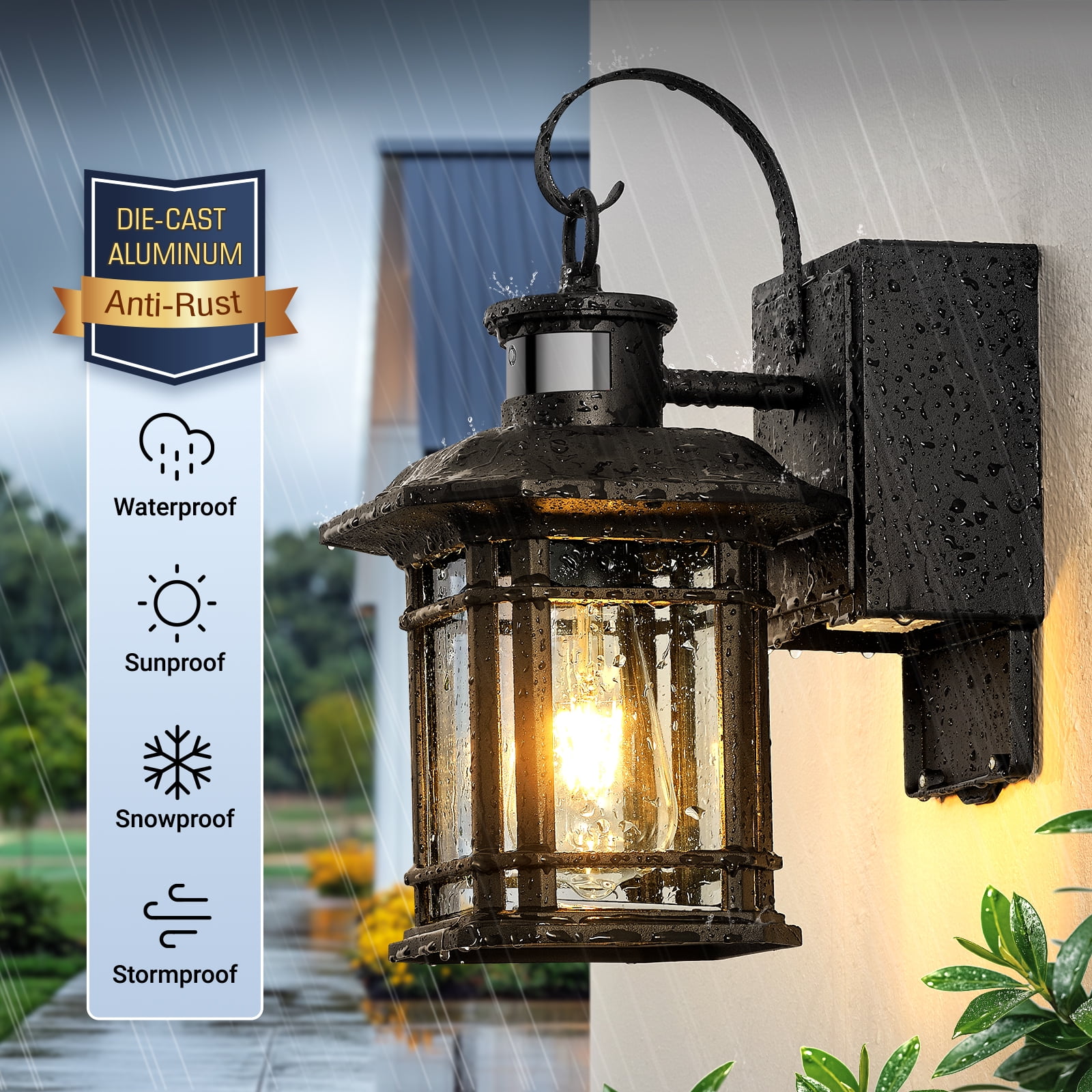 Porch Light with GFCI Outlet, Motion Sensor Outdoor Lights, Dusk to Dawn 3 Lighting Modes Outdoor Light with Outlet, Black Outside Lights for House, Garage, Garden, Waterproof, 100% Aluminum
