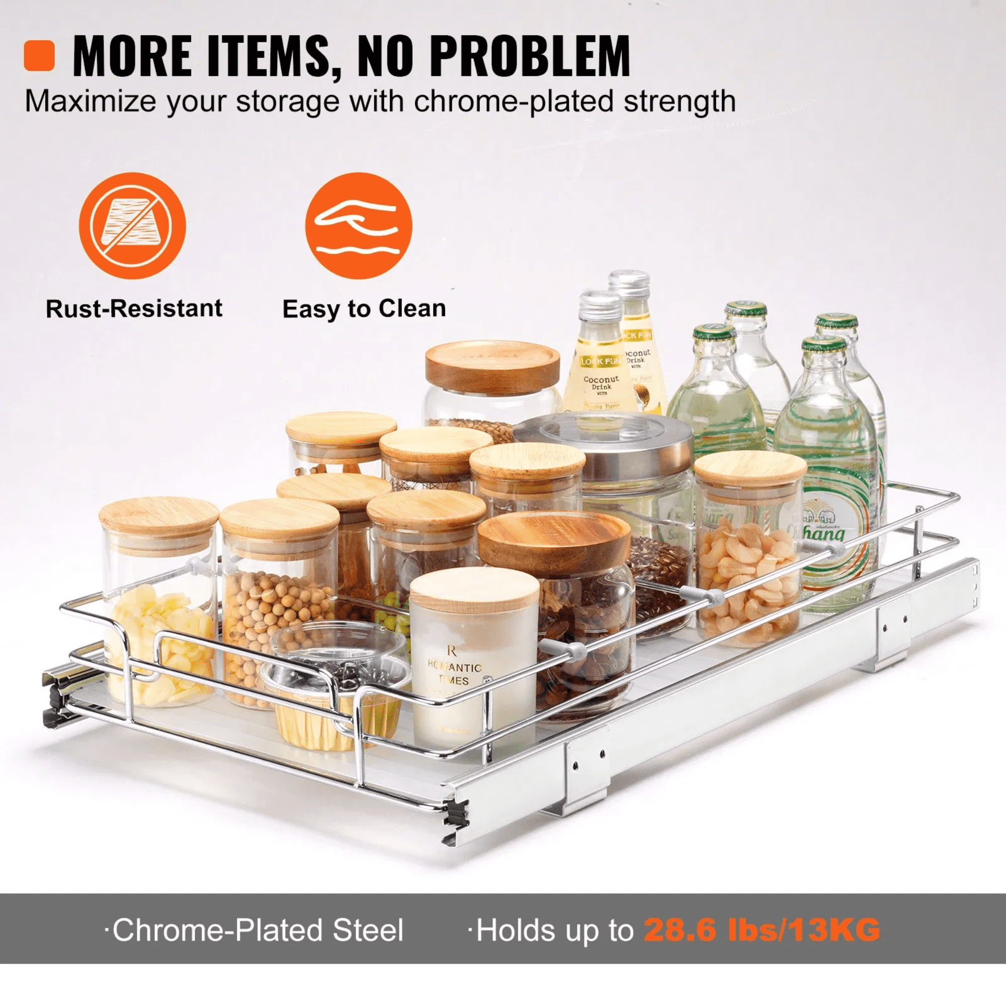 Pull Out Cabinet Organizer, 11” W x 21” D Heavy Duty Sliding Pantry Shelf, Steel Roll-Out Drawer for Kitchen Cabinet, Under Sink Storage Organizer