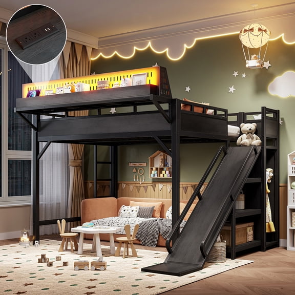 Leumius Queen Size Loft Bed with Slide, Storage Shelves and Built-in Wardrobe,Metal Loft Bed Frame with USB Ports and LED Lights,Pegboard,Black