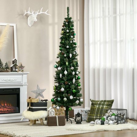 Resenkos 6.5ft Slim Artificial Pencil Christmas Tree - Realistic Pine Needles, Branches, Pine Cones & Metal Base, Green