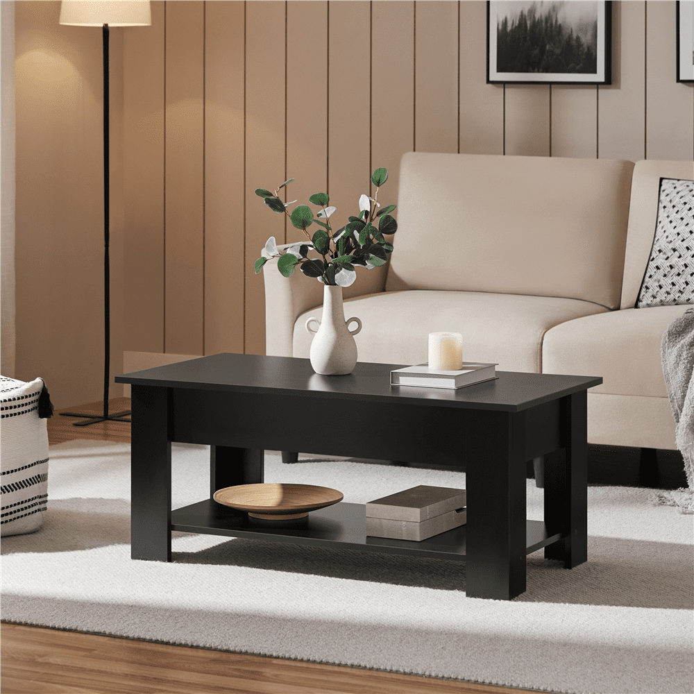 Alden Design Modern 39" Wood Lift Top Coffee Table with Lower Shelf for Living room, Black