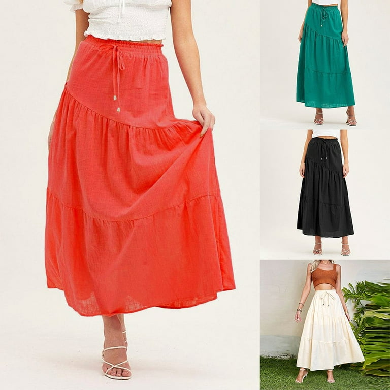 ALSLIAO Womens Silky Satin Midi Skirt High Waist Elastic Waist A Line Skirt  With Slit Orange L