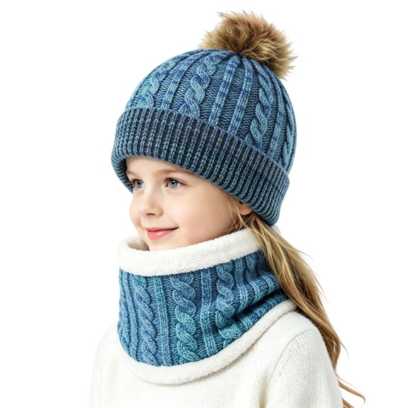 hengsof Kids Winter Knit Beanie Hat Scarf Gloves Set for Girls Boys Warm Thick Fleece Lined Cap with Pompom Mittens Neck Warmer