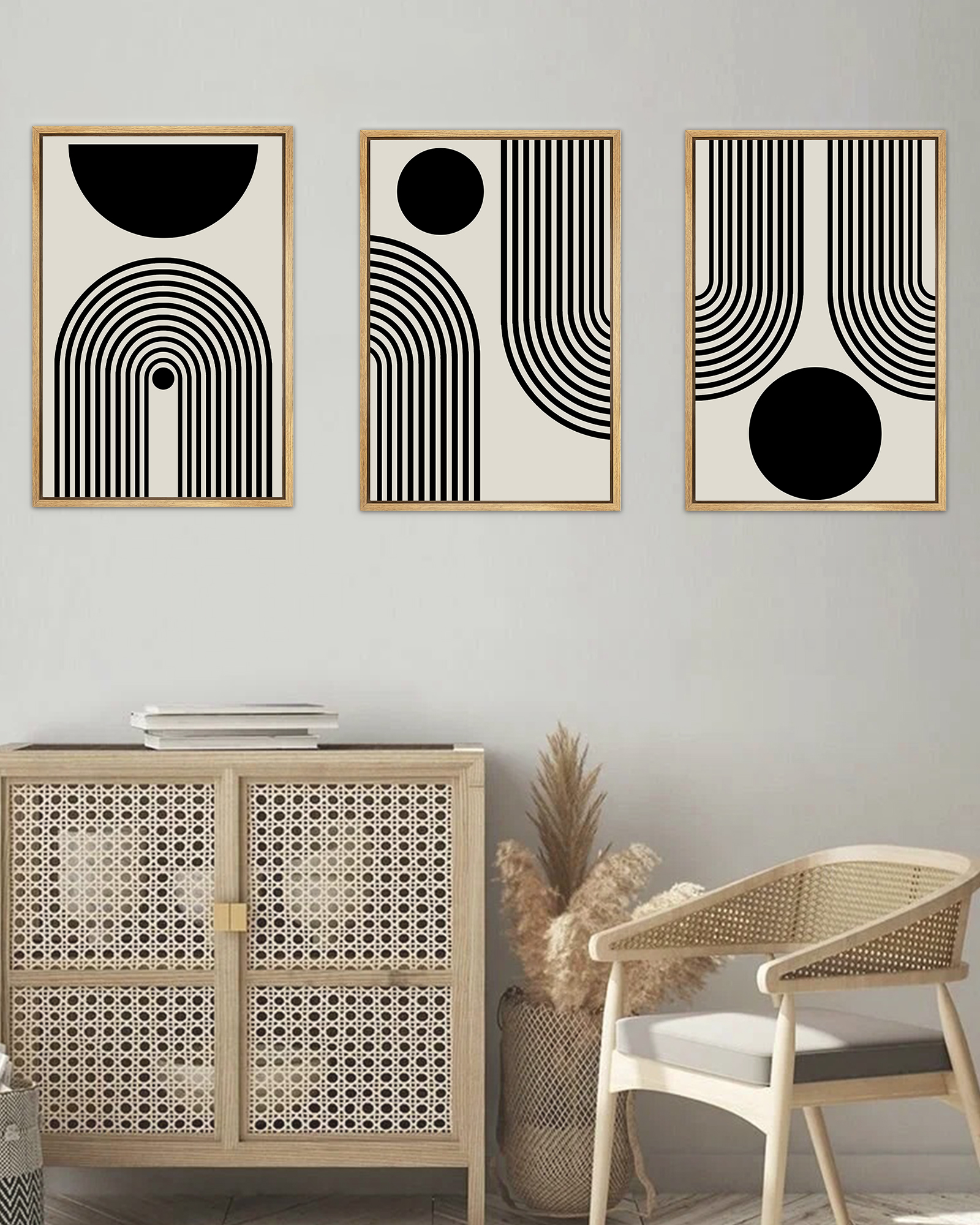 SHENIFY Black Abstract Boho Wall Art Framed Wood Geometric Wall Decor Mid Century Modern Minimalist Bohemian Bedroom Decor Canvas Prints Ready To Hang for Living Room - 12x16in3pcs Neutral Framed