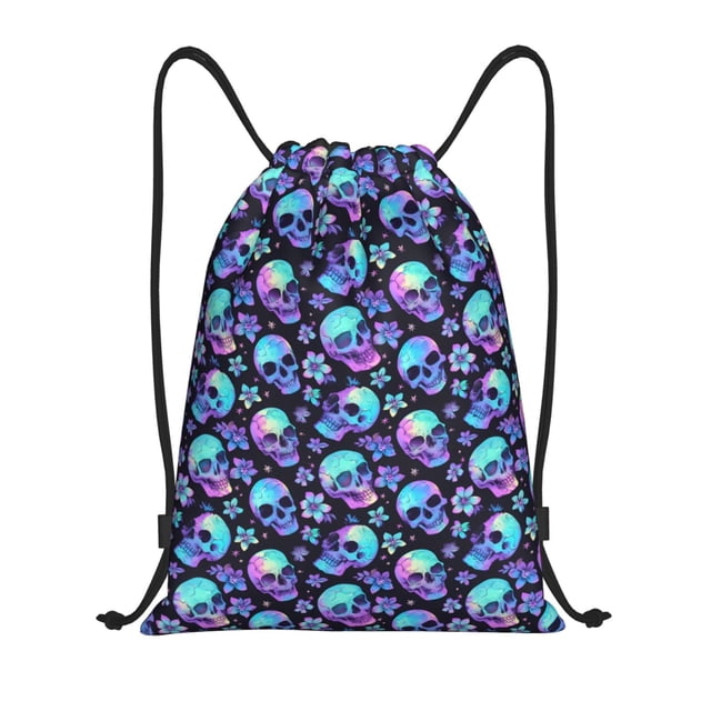 Xecao Skull flower tie dye Pattern Sports Drawstring Backpack - String Swim Gym Bag with Wet Proof Pocket for Women&Men-Medium
