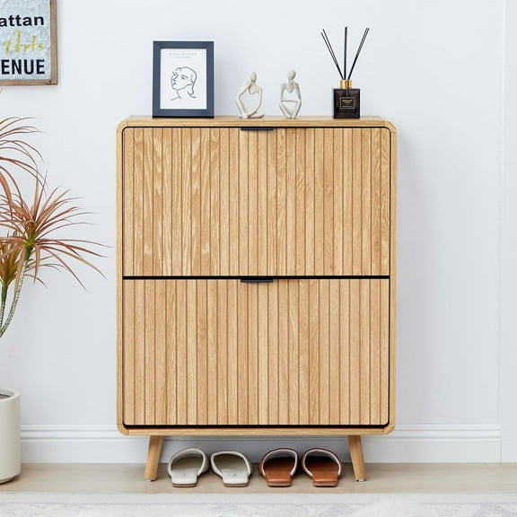 Narrow Shoe Cabinet for Entryway, Fluted Shoe Cabinet Storage with 2 Flip Drawers, Slim Shoes Rack Organizer (Natural)
