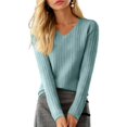 thumbnail image 4 of WULMLEO Cozy Sweaters for Women Casual Long Sleeve Loose V-Neck Knit Solid Color Pullover Tops Turquoise One Size, 4 of 6