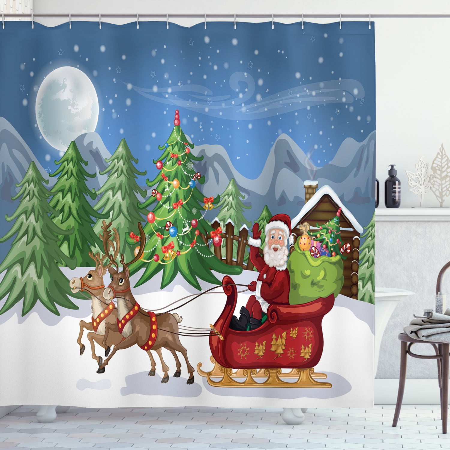 Santa Claus and white horse sled Shower Curtain Bathroom Decor Fabric & 12hooks 