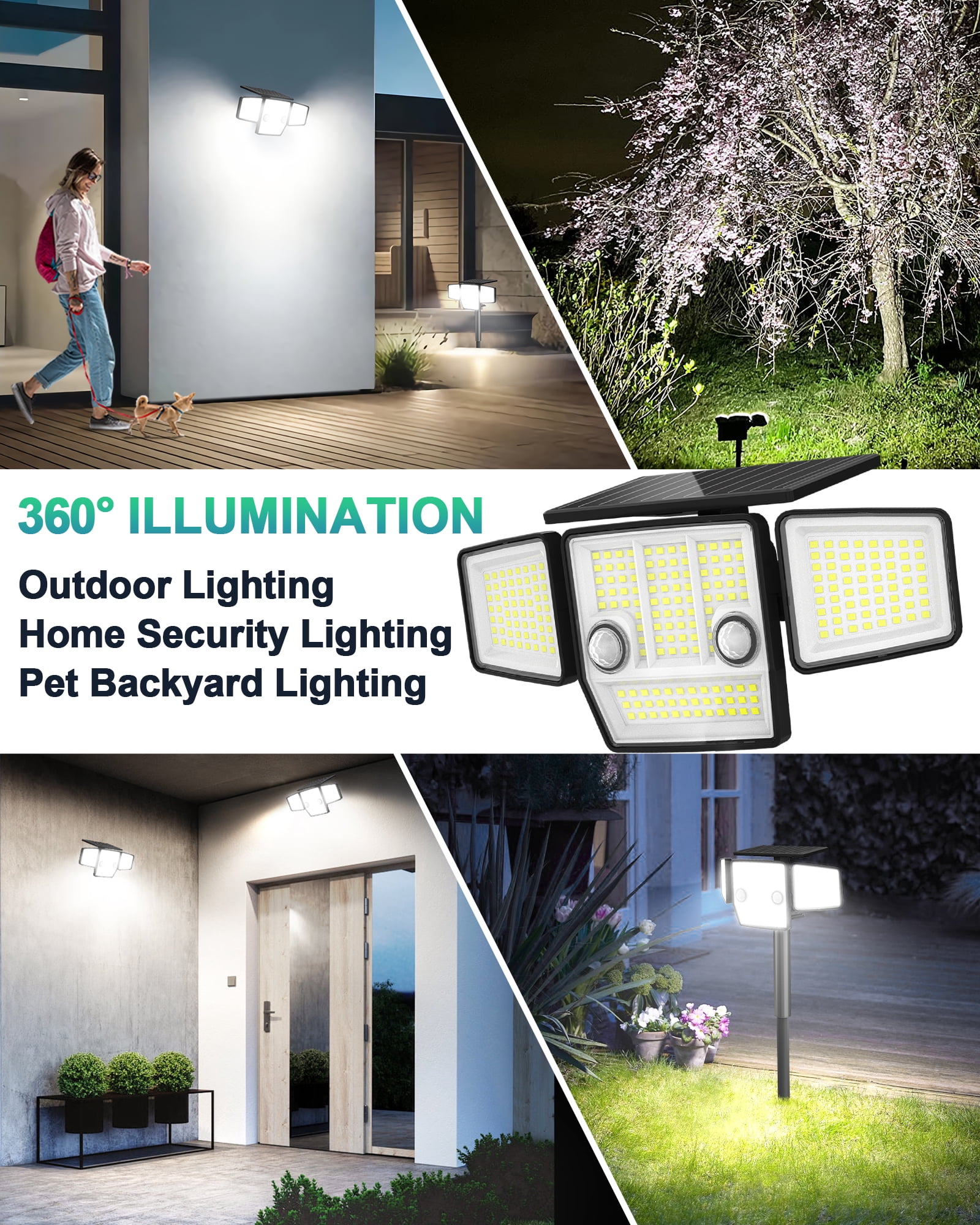 HAARAY Solar Motion Sensor Lights Outdoor with Ground Stake, 3-Head Adjustable 2500LM 236 LED Solar Wall Security Flood Lights IP65 Waterproof for Outside Porch Backyard Patio Garage, 2 Pack