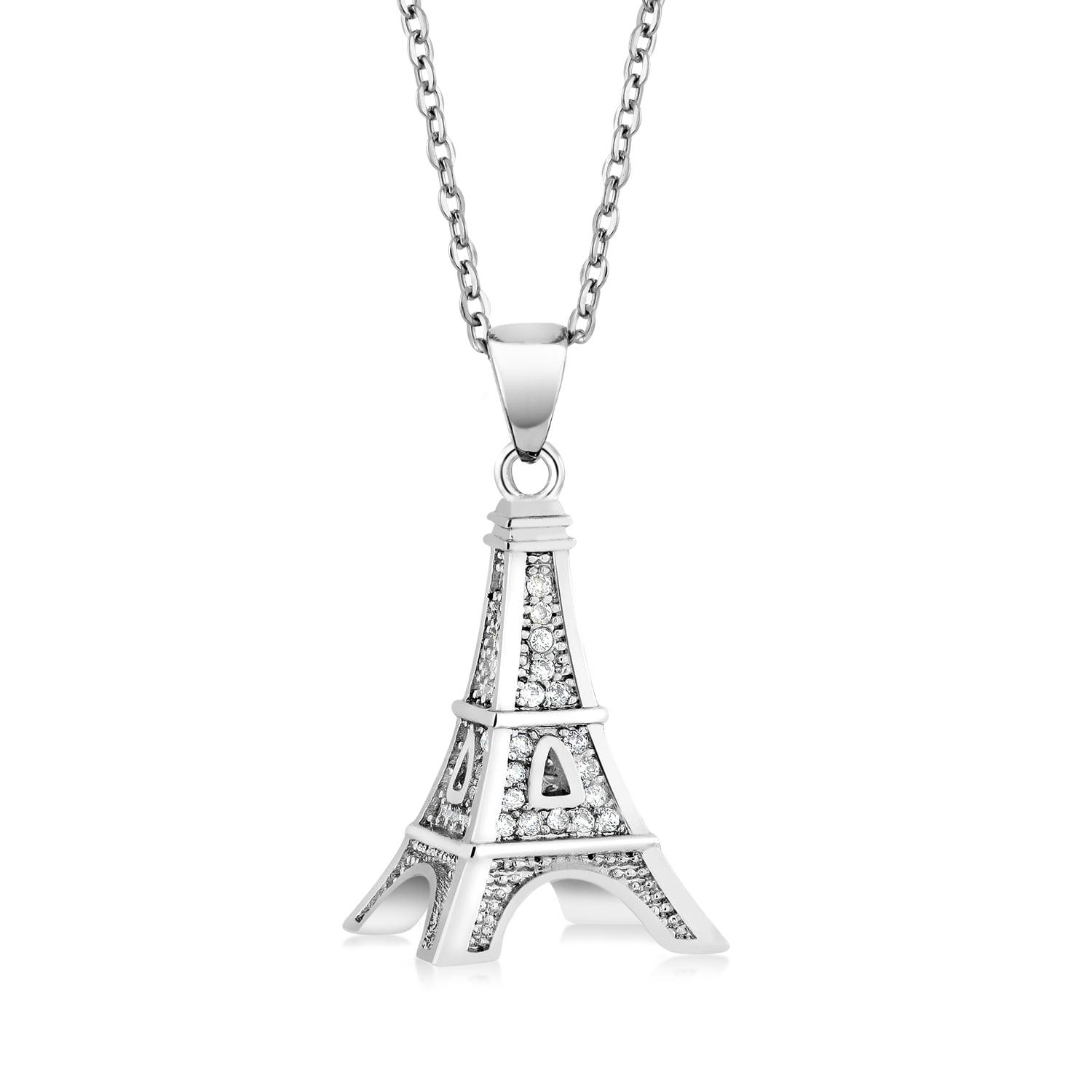 Gem Stone King 925 Sterling Silver 0.5 inch France Eiffel Tower White CZ Pendant With 18 inch Complimentary Chain