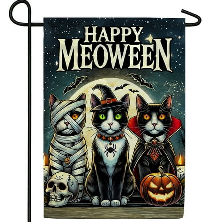 America Forever Cat Halloween Garden Flag, 12.5 x 18 inches Double Sided, Happy Halloween Garden Flag, Happy Meoween Cat Flag, Fun Spooky Halloween Decoration Outdoor Seasonal Flags for Yard