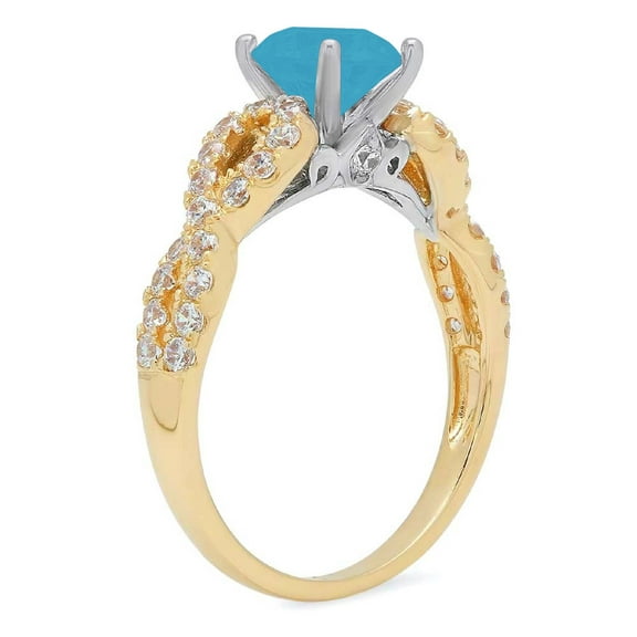 1.42 ct Round Cut Simulated Turquoise Solitaire with Accents Engagement Ring for Women in 18K Yellow/White Gold