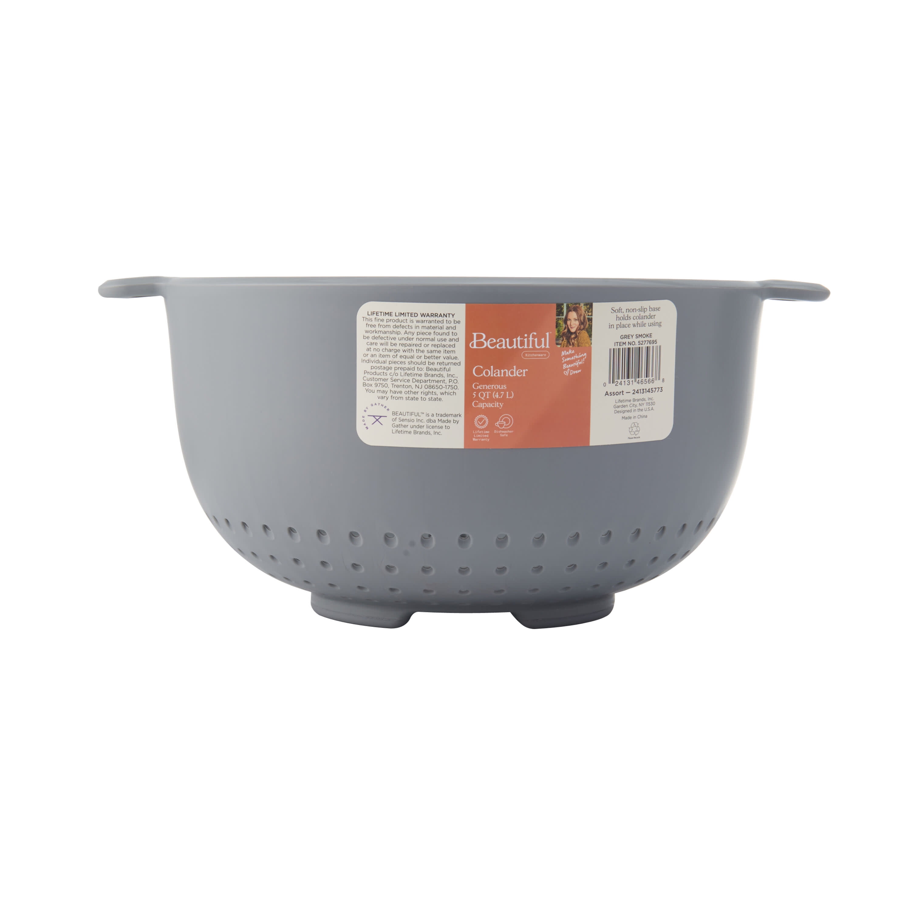 Beautiful 5-quart Plastic Colander with Integrated Handles in Grey Smoke by Drew Barrymore