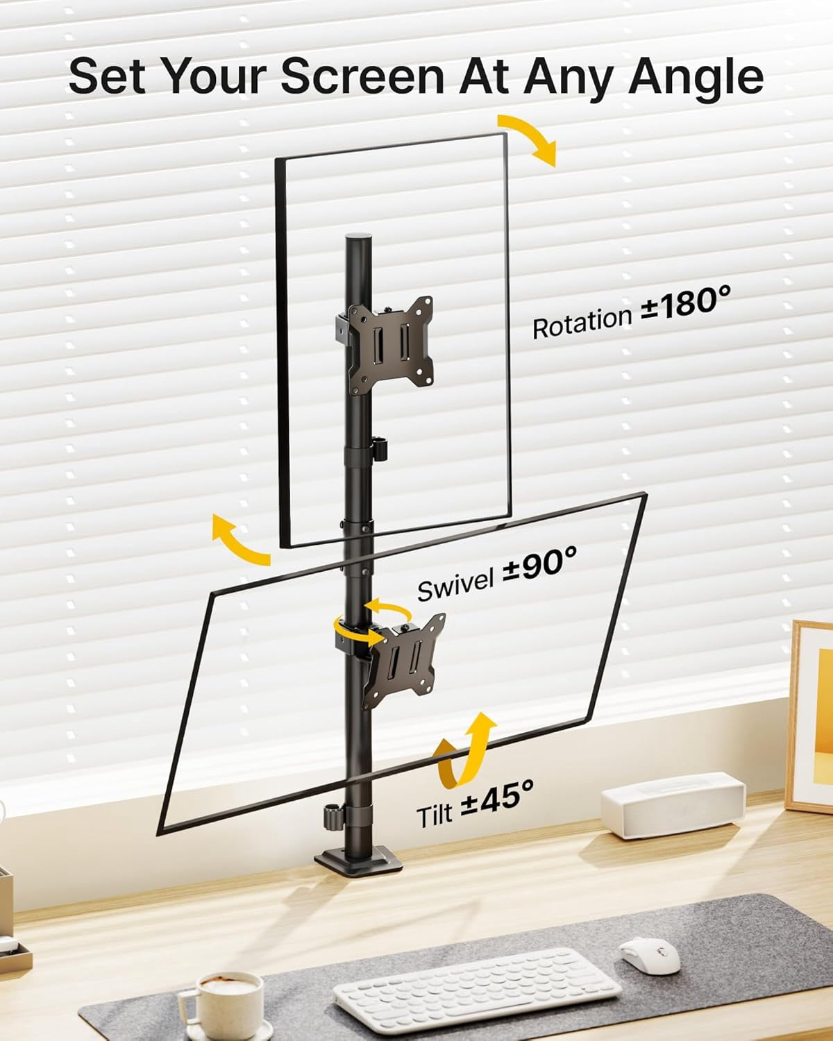 monTEK Vertical Dual Monitor Mount for 17"–32" Screens, Stacked Adjustable Monitor Arm with 31.6" Tall Pole, Holds 22 lb per Screen, C-Clamp & Grommet Base, VESA 75/100mm, Black