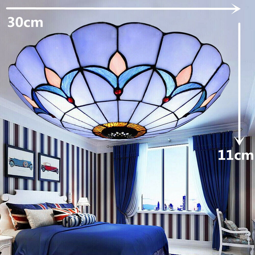 12"Tiffany Style Stained Glass Flush Mount Vintage Ceiling Light Lamp Fixture
