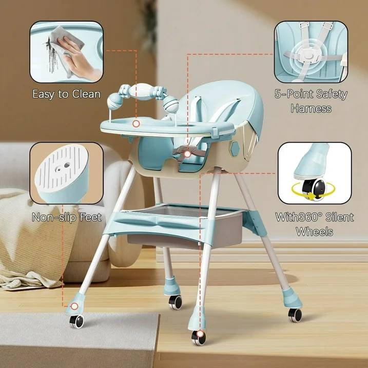 JieC Baby High Chair, 4 in 1 Convertible Highchair for Babies & Toddlers, Double Tray Dining Chair with 5-Point Harness & Silent Wheel,Cyan